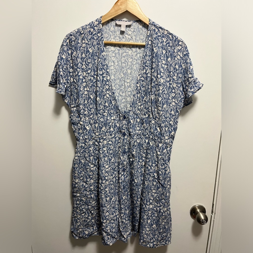 Chelsea28 Blue Floral Flutter Sleeve Romper Summer V Neck Pockets Size Large